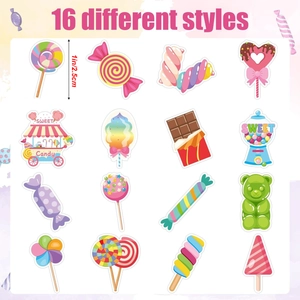 Detail showing 16 various sweet-themed cartoon stickers with 1-inch size measurement