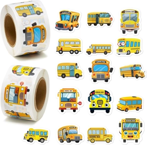 Detail showing various school bus cartoon stickers and two rolls in vibrant yellow colors