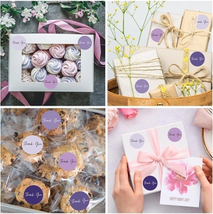 Purple Thank You stickers shown on gift boxes, packaging bags and greeting cards