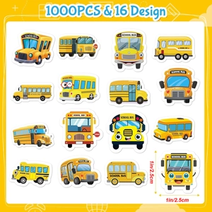 Grid view of 16 cartoon school bus sticker designs showing various cute expressions