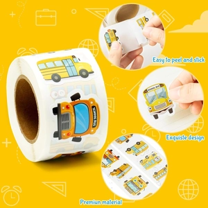 Macro detail of waterproof cartoon school bus stickers showing easy peel-off design