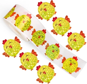Close-up of laser laser glitter chick stickers with a sparkling texture and vibrant colors