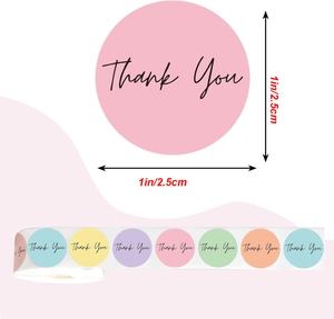 Macro detail of 1-inch Thank You stickers in macaron colors for gift box sealing