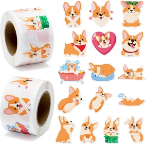 Detail of 500 Corgi cartoon sticker rolls and 15 unique die-cut dog illustrations