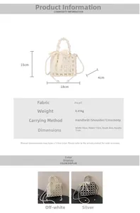 Detail view of pearl woven mini bag with lace bow and 18x15x4cm size specifications