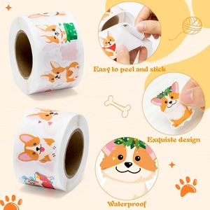 Waterproof Corgi cartoon stickers on a roll featuring easy-to-peel decorative designs