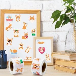 Detailed view of 500 cartoon Corgi stickers on rolls in a cozy home decor setting