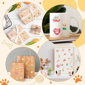 Detailed views of cute Corgi cartoon stickers used on gift boxes, mugs and bags