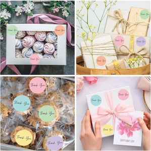 Close-up of colorful Macaron Thank You stickers on gift boxes and bakery packaging bags