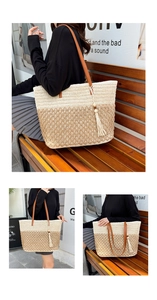 Detailed close-up of woven tote bag with contrast stitching and wooden bead tassel decor