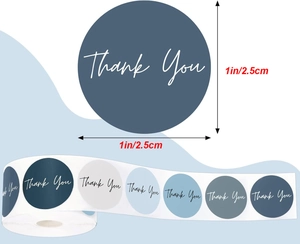 Detail view of 1-inch Morandi blue 'Thank You' stickers showing precise 2.5cm diameter size