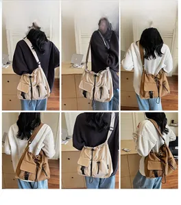 Detail of beige and brown nylon crossbody bags with multiple functional utility pockets