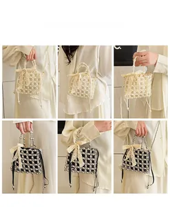 Detailed views of handmade beaded handbags with lace bows on an elegant model