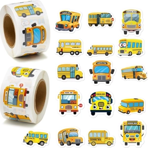Roll of 500 cartoon school bus stickers with assorted colorful vehicle patterns