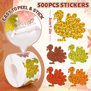 Roll of 500 glitter turkey stickers for Thanksgiving, 1.2 inch laser decorative labels