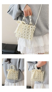 Detailed views of handmade pearl woven handbag with lace bowknot and crossbody chain