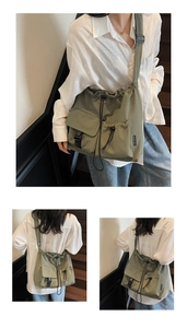 Detail view of military green waterproof nylon bag with drawstring and tactical pockets