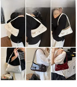 Detail showing various colors of the shiny patent leather bow shoulder bag on models
