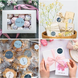 Morandi color Thank You labels shown on gift boxes, cookie bags, and Mother’s Day gifts