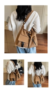 Detailed view of the brown nylon crossbody bag with flap pocket and buckle closure