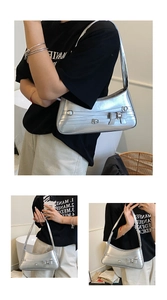 Detailed views of silver metallic shoulder bag with bow knot and Y2K aesthetic design