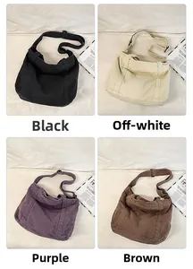 Multiple views of large canvas tote bags in black, beige, purple, and brown color options