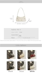Size chart and specifications for the PU leather bow shoulder bag with dimensions and 6 colors