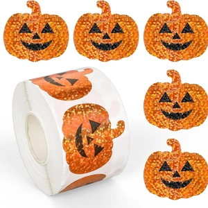 Holographic Glitter Festive Stickers Roll 500Pcs Halloween Pumpkin Ghost Turkey Snowman Carrot Sunflower Pencil Decals For Gift Sealing