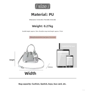 Size chart showing silver PU leather shell handbag dimensions and storage capacity