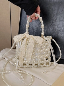 Fashion Women Handwoven Artificial Pearl Beaded Handbag With Lace Bow Knot Decorative Mini Crossbody Bag Elegant Party Bag