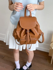 Vintage brown PU leather backpack for women with front zipper pocket and side buckles
