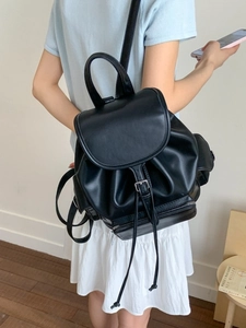 Vintage style black PU leather backpack with drawstring and flap closure for women