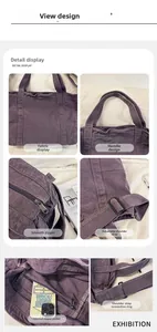 Detailed views of purple canvas tote showing fabric texture, zipper, and adjustable strap