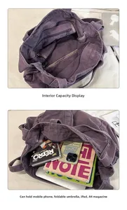 Interior detail of large purple canvas tote showing multi-layer storage and zipper pockets
