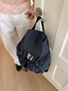 Zaino casual a quadri blu di grande capacità in nylon con chiusura a cordoncino