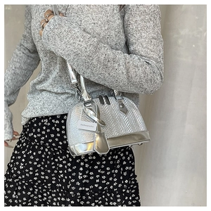 Close-up of silver snakeskin shell bag featuring a metallic finish and dual zippers