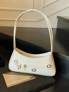 Fashion Women Bowknot Underarm Bag Glossy PU Leather Retro Y2K Shoulder Bag With Metal Buckles Elegant Commuter Handbag