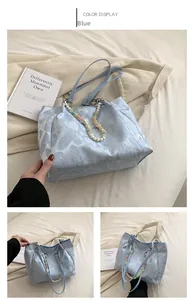 Detail of light blue heart-textured tote bag with decorative colorful beaded chain