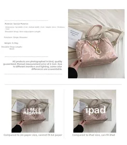 Pink heart jacquard tote bag detail showing large capacity compared to A4 and iPad