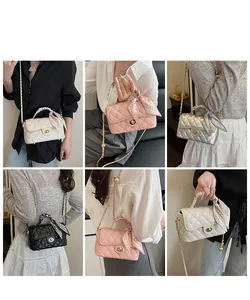 Collage of quilted chain bags in white, pink, silver and black with ribbon details