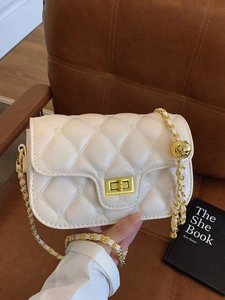Women Quilted Diamond Lattice Crossbody Bag PU Leather Small Square Shoulder Bag With Adjustable Golden Ball Chain Strap