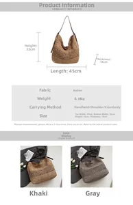 Detailed chart showing the dimensions and materials of the large woven hobo tote bag