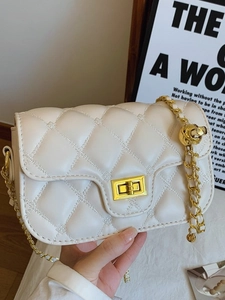 Chic off-white quilted shoulder bag with gold chain and embroidery detail for women