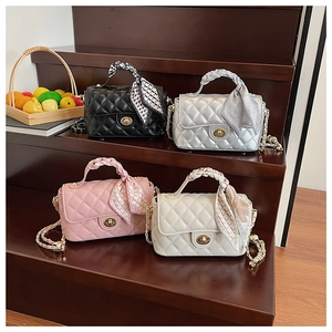 Quilted crossbody bags with scarf handles and chain straps in multiple colors