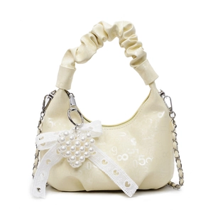 Chic off-white pleated handbag with pearl heart charm and lace bow on white background