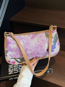 Women's Vintage Sequin Flower Embroidery Underarm Bag PU Leather Trim Elegant Shoulder Handbag Fashion Baguette Purse