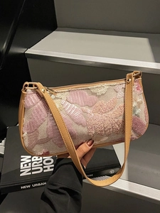 Pink floral sequin embroidered shoulder bag with vintage style and brown PU strap