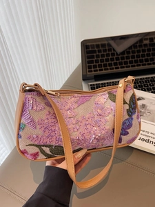 Bohemian baguette bag with colorful floral sequin embroidery and leather strap