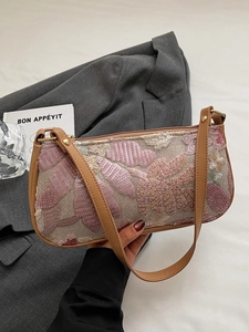 Vintage sequined baguette handbag with pink leaf pattern and brown leather straps