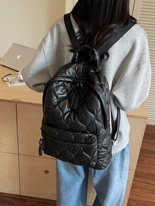 Fashionable black heart-quilted down backpack for women with large capacity